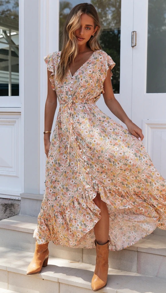 Boho Floral Maxi Dress Style Bohemian Hippie Gypsy Fashion USA 