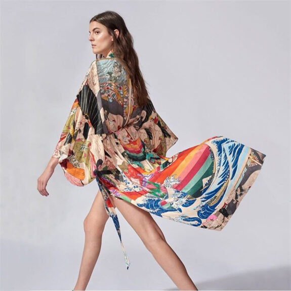 Renkli Boho Kimono Plaj Kıyafeti