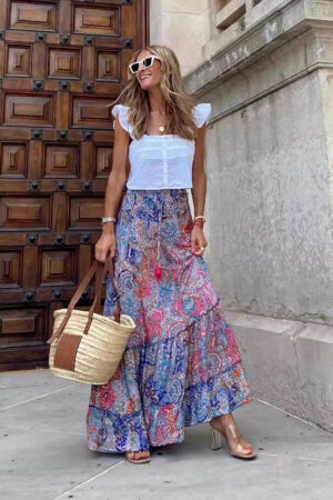 Gonna Lunga Hippie Chic A Gradini Con Ricami - Cotone Leggero, Taglia S/M (38)