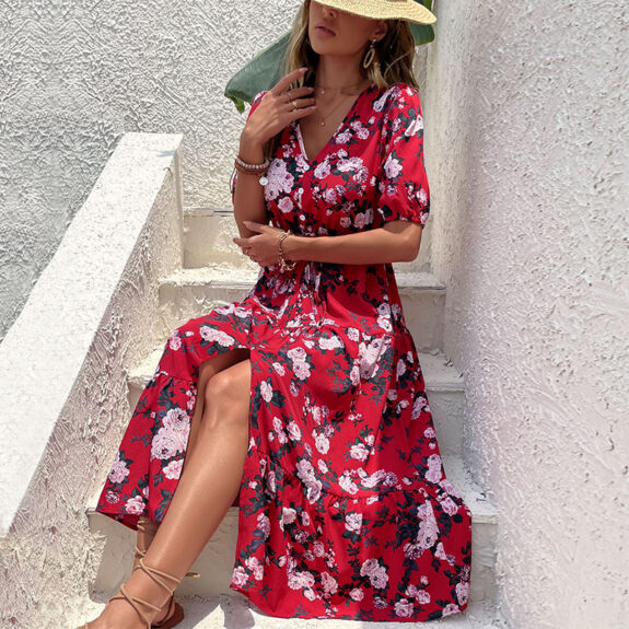 Boho Floral V Neck Dress