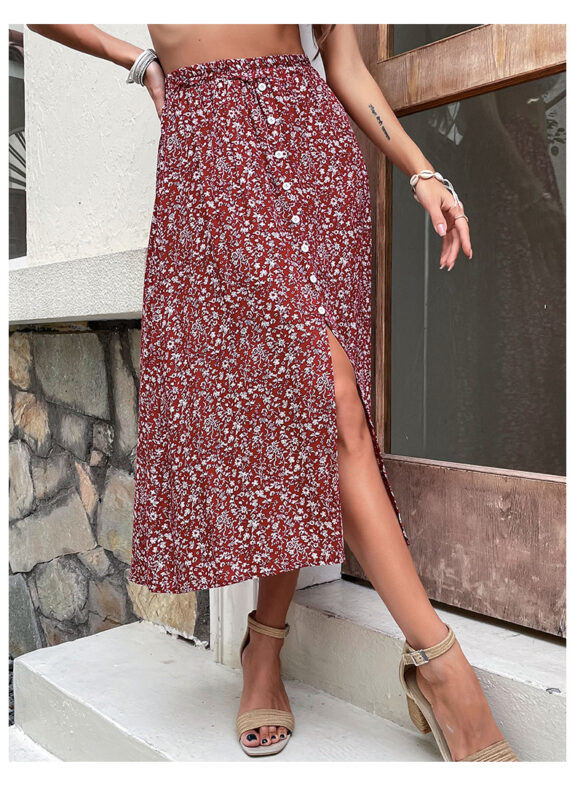 Rød Blomstrete Boho Midi Skjørt