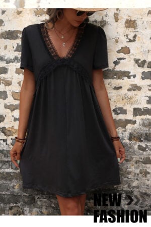 Boho Schwarzes Kleid Mit Kurzärmeln