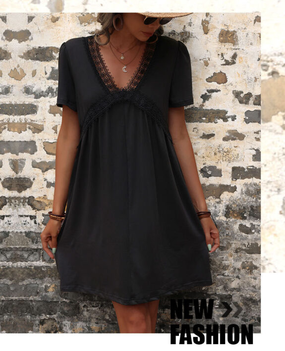Boho Schwarzes Kleid Mit Kurzärmeln