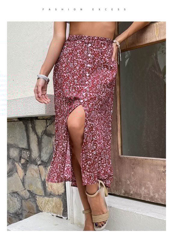 Rød Blomstrete Boho Midi Skjørt