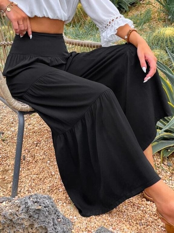 Pantalon évasé décontracté en coton et lin