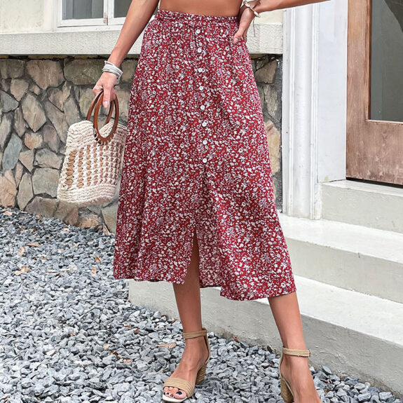 Rød Blomstrete Boho Midi Skjørt
