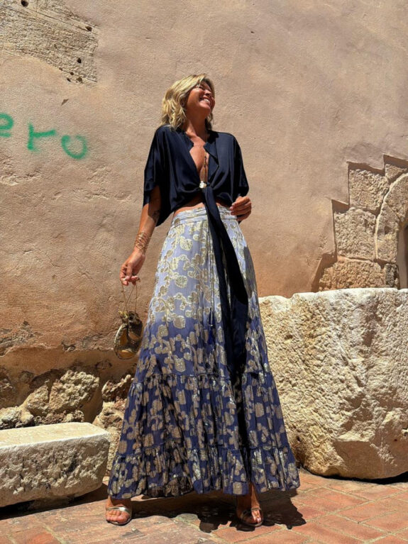 Boho Printed Ruffled Midi Skirt