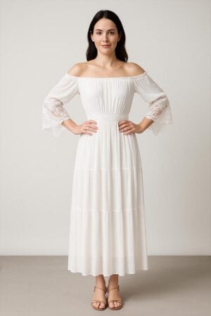 elegante abito boho off shoulder bianco maxi