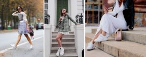 woman in white sneakers and dress