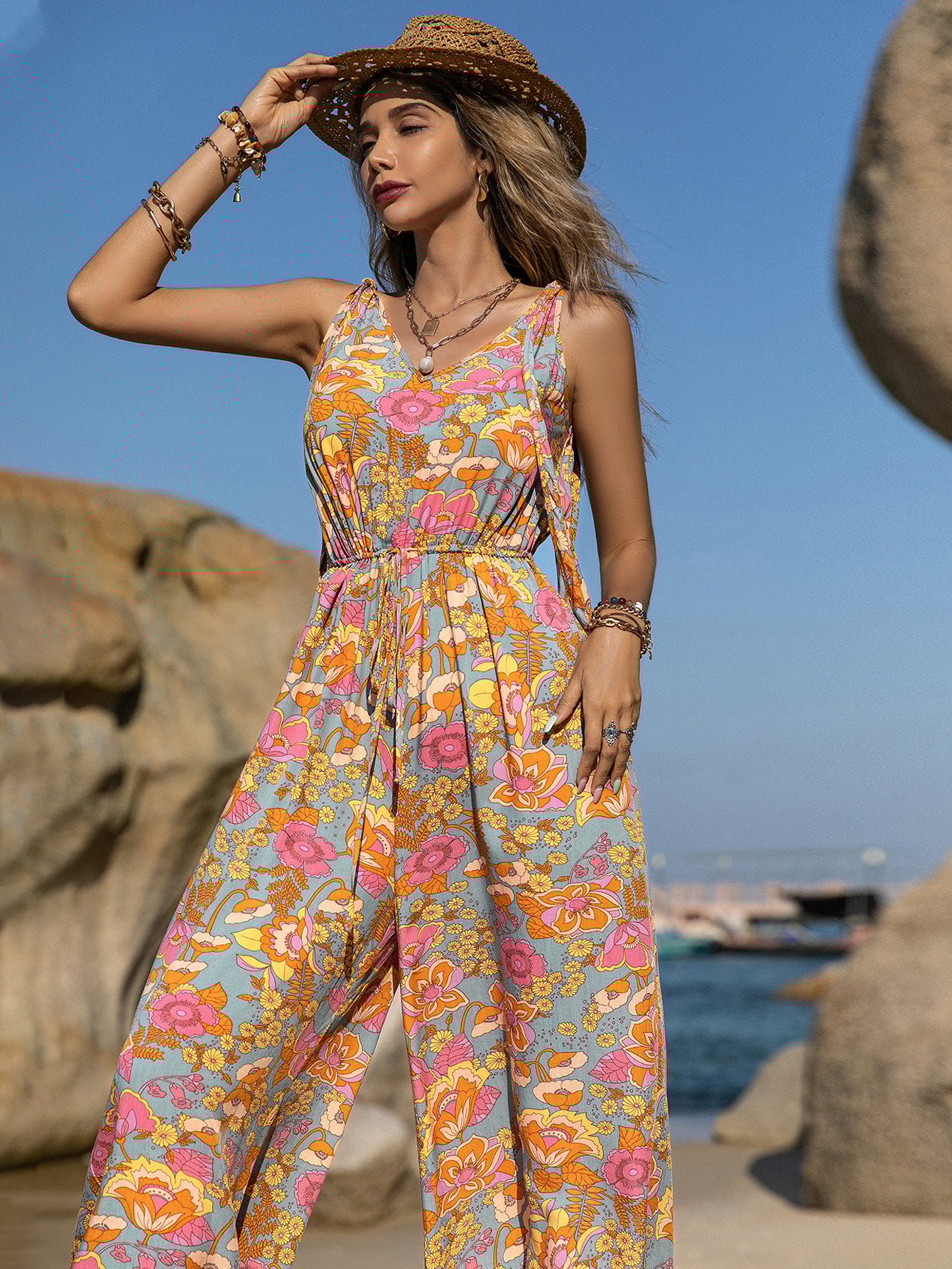 Floral hippie Jumpsuit Backless Style
