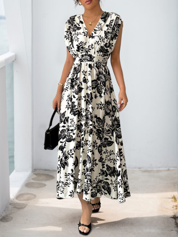 Boho Retro Black and White Flower Dress - Obrázek 2