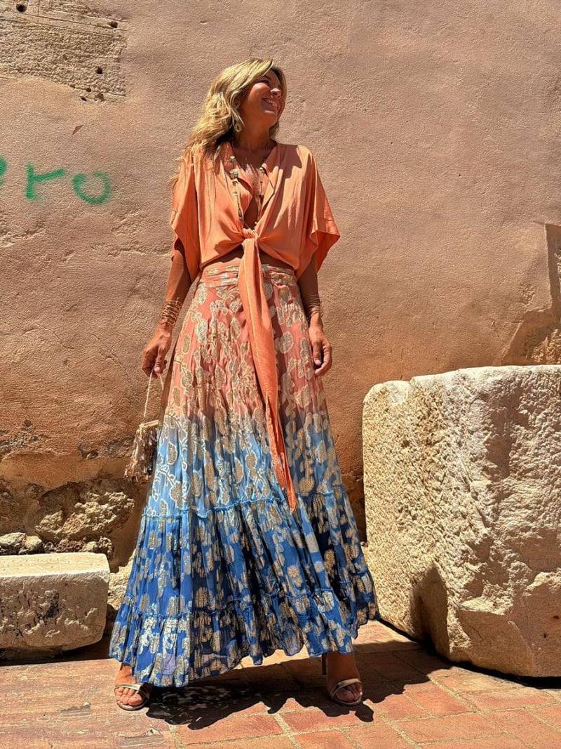 vintage Printed Ruffled Midi Skirt