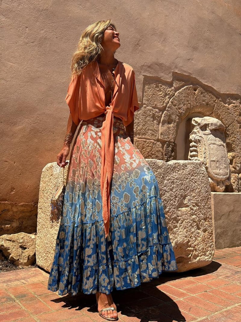 boho Printed Ruffled Midi Skirt