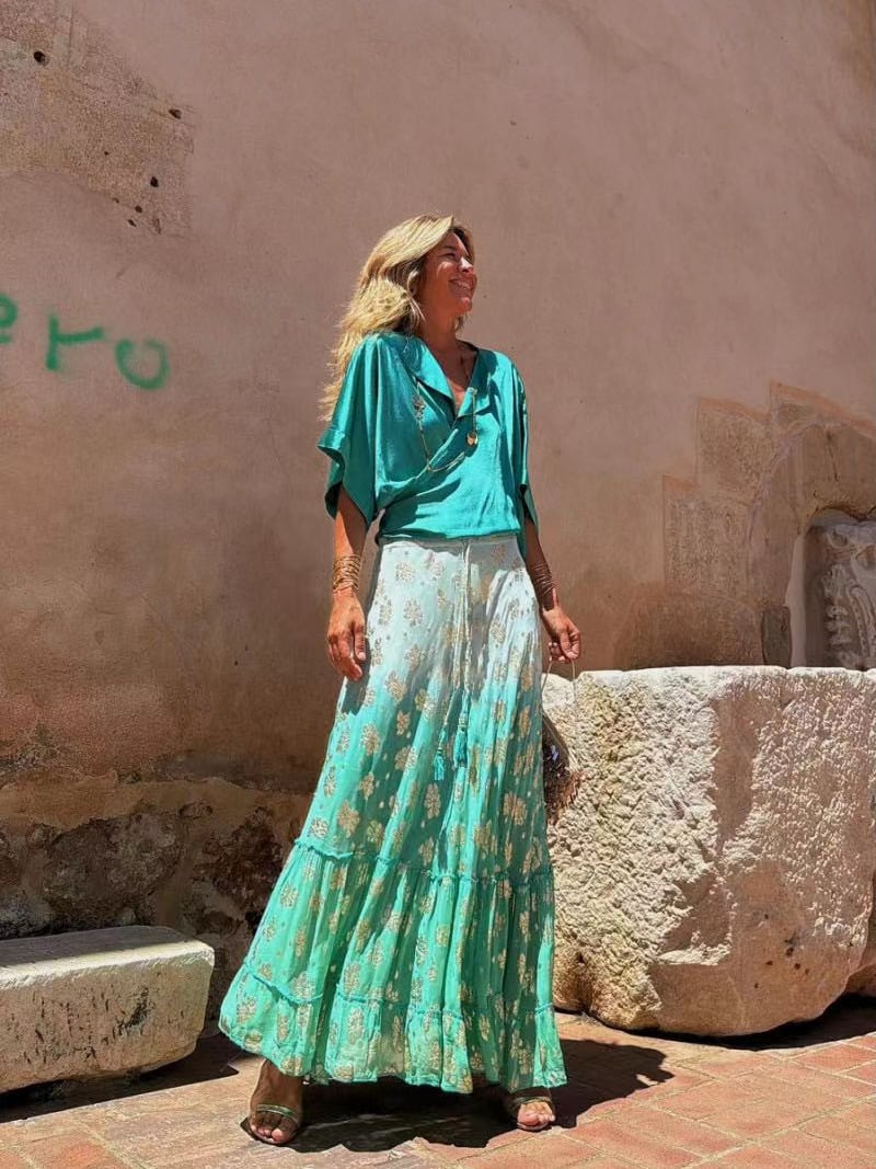 boho Printed Ruffled Midi Skirt