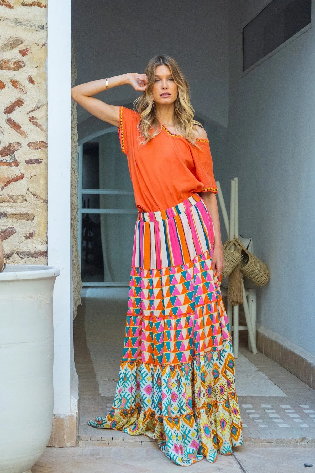 boho Ruffled Midi Skirt