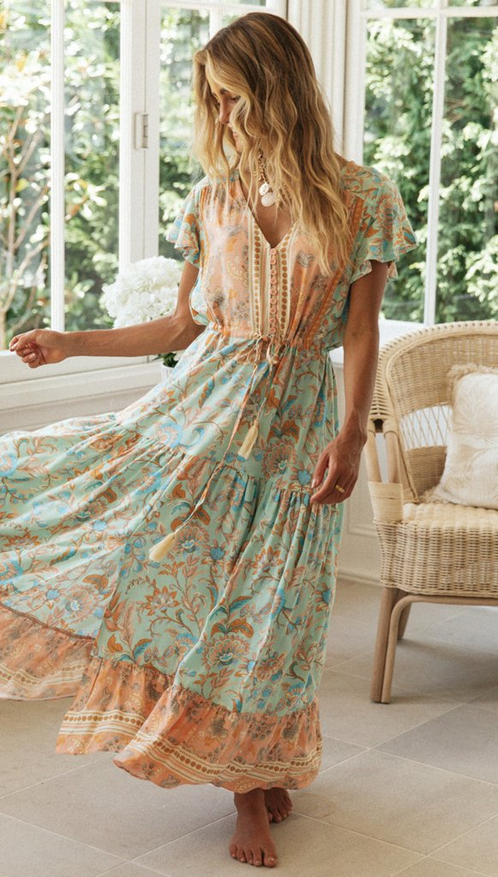 vintage Floral Maxi Vacation Dress