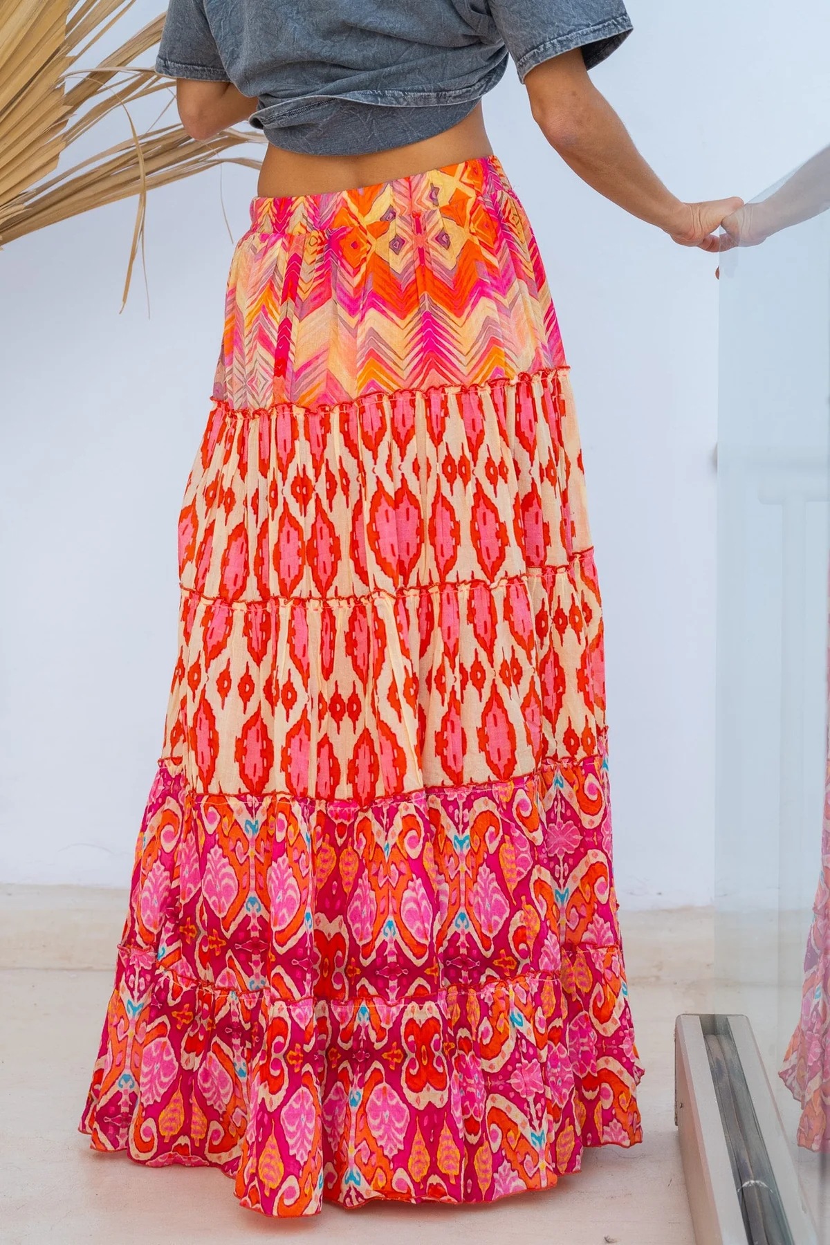 boho Printed Ruffled Midi Skirt