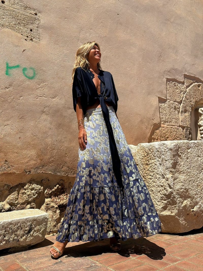 vintage Printed Ruffled Midi Skirt