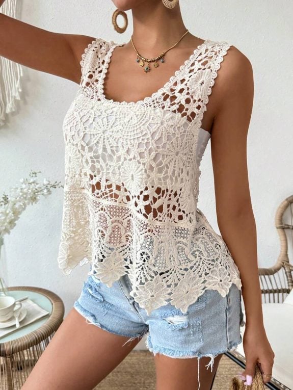 White Embroidered Lace Boho Top - Kuva 2