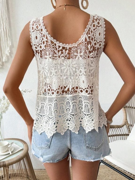 White Embroidered Lace Boho Top - Kuva 3