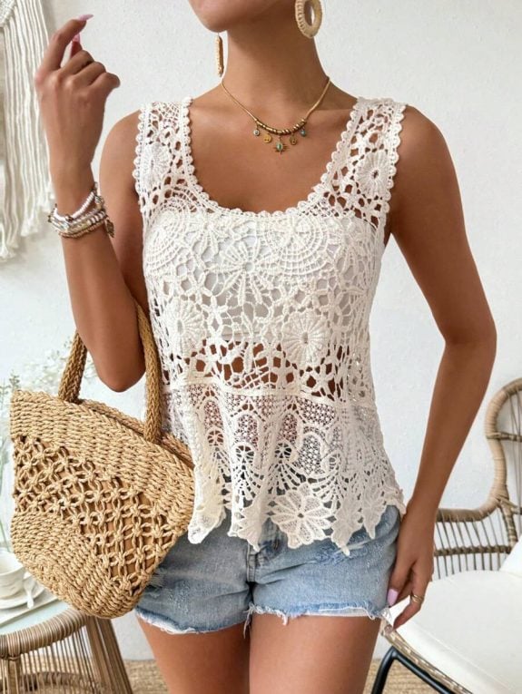 White Embroidered Lace Boho Top - Kuva 4