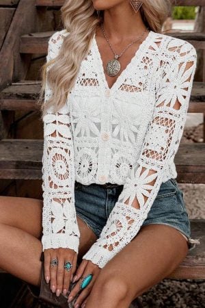 Long Sleeve Embroidered Lace Boho Top