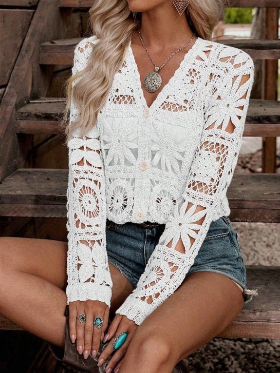 Long Sleeve Embroidered Lace Boho Top