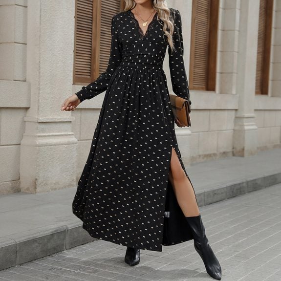 Robe Maxi Boho Noire à Pois