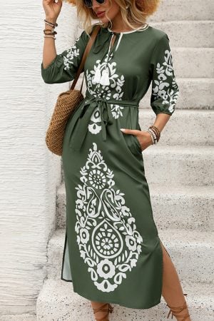 Robe Boho Verte avec Imprimé Ethnique