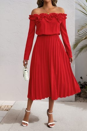 Red Off Shoulder Long Sleeve Boho dress