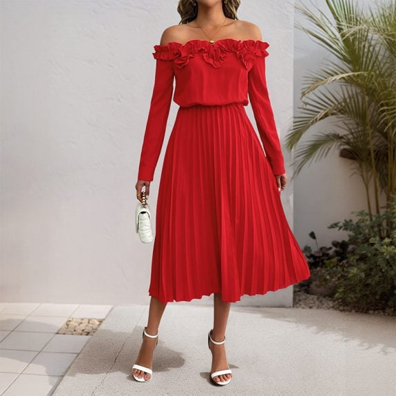 Red Off Shoulder Long Sleeve Boho dress