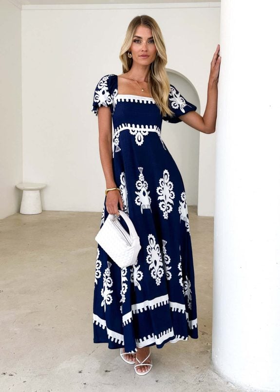 Dark Blue and White Boho Cocktail Dress – Image 5