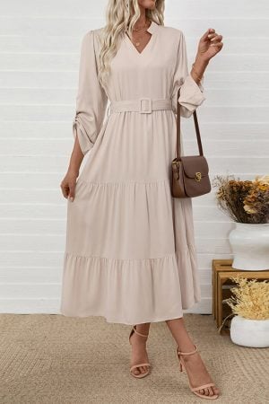 Long Sleeve Boho Midi Dress with Belt