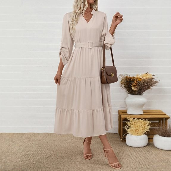 Long Sleeve Boho Midi Dress with Belt