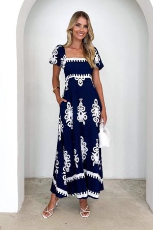 Dark Blue and White Boho Cocktail Dress