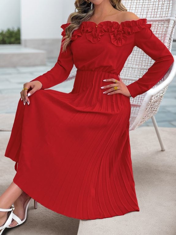 Red Off Shoulder Long Sleeve Boho dress - Image 5