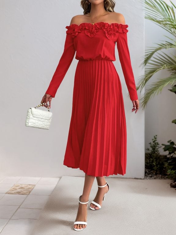 Red Off Shoulder Long Sleeve Boho dress - Image 3