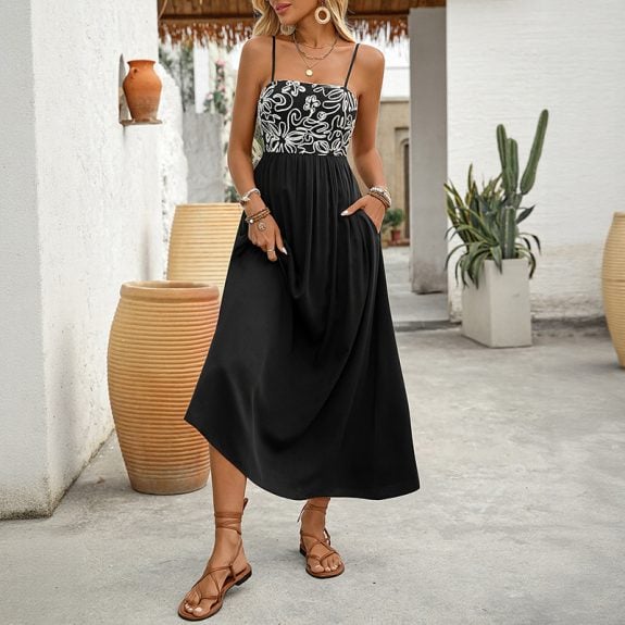 Robe Florale Élégante Noir et Blanc