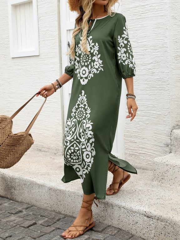 Green Boho Dress with Ethnic Print – Bild 3