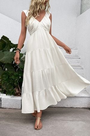 Boho V Neck White Cocktail Dress